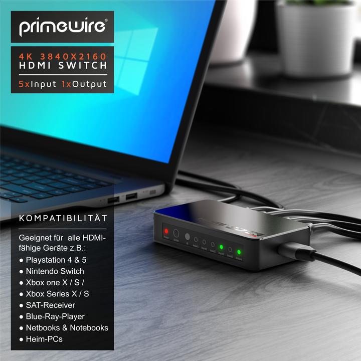 Produktbild Primewire HDMI 2.0 Switch, 5-Port Ultra HD 4K HDMI Umschalter mit Fernbedienung, 5x IN/1x OUT Verteiler