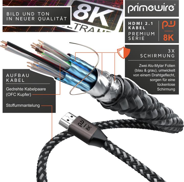 Actual product image Primewire HDMI Cable 2.1, Type A, UHD 8k 7680 x 4320 @ 120 Hz, 4k @ 240 Hz, DSC, Ethernet, HDR eARC VRR ALLM (2 m, HDMI)