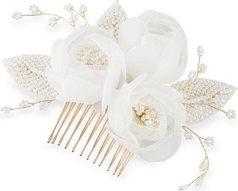 Trisa Celebride Haarkamm in zartem gold mit Stoffblumen und Perlenblättern