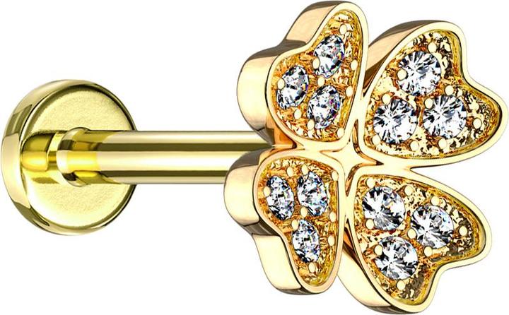 Produktbild Star Piercing Micro Labret Innengewinde 14k vergoldet Kleeblatt mit Kristall (Messing, Chirurgenstahl 316L)