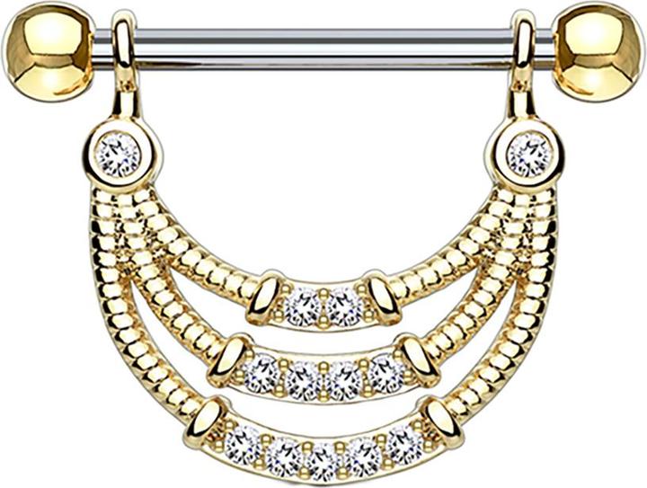 Produktbild Star Piercing Barbell 14k vergoldet drei halbbögen und Kristallen (ohne Messing, Chirurgenstahl 316L)