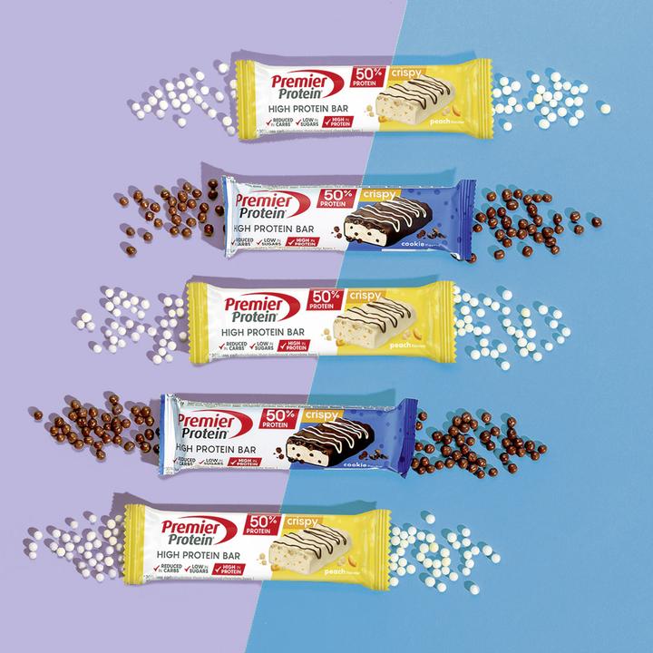 Produktbild Premier Protein Protein Bar 50% Multiflavourbox (Schokolade Keks, Pfirsich, Cookie, Schokolade Karamell, 20 Stk., 800 g)