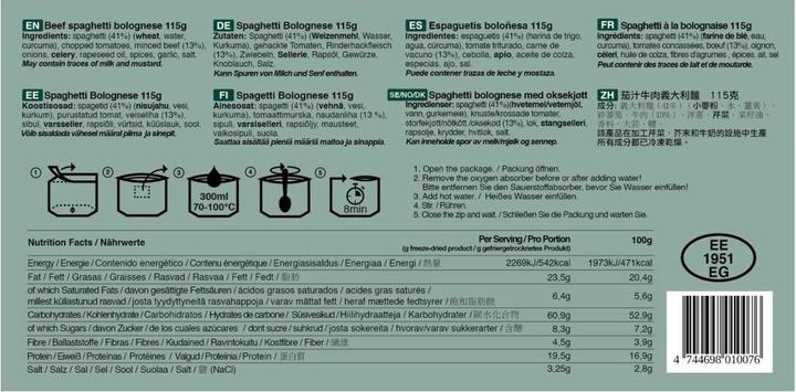 Valeurs nutritives et ingrédients Tactical Foodpack Spaghetti bolognaise au boeuf (115 g)