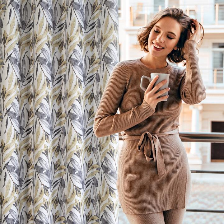 Productafbeelding Eurofirany Kant-en-klaar gordijn Lavin stretch met botanische print, wit, mosterd 140 x 250 cm (140 x 250 cm)