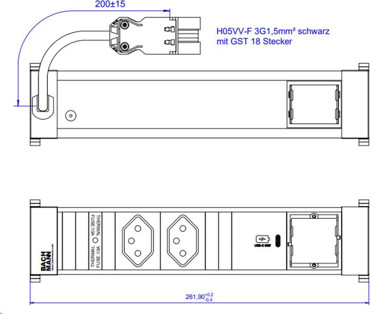 Actual product image Bachmann Built-in power strip POWER FRAME 2x T13, 1x USB C, 1x empty (2 x, Type 13, 0.20 m)