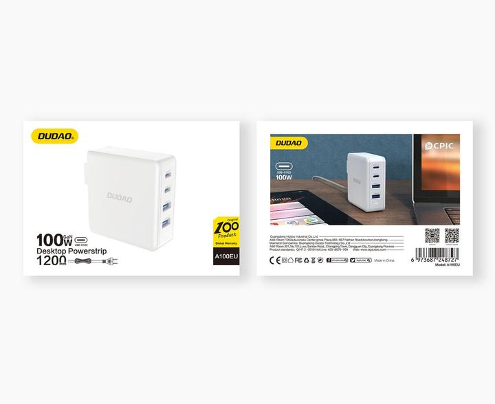 Image du produit Dudao Adaptateur GAN 100W Type Cx2 + 2xUSB Blanc (100 W)