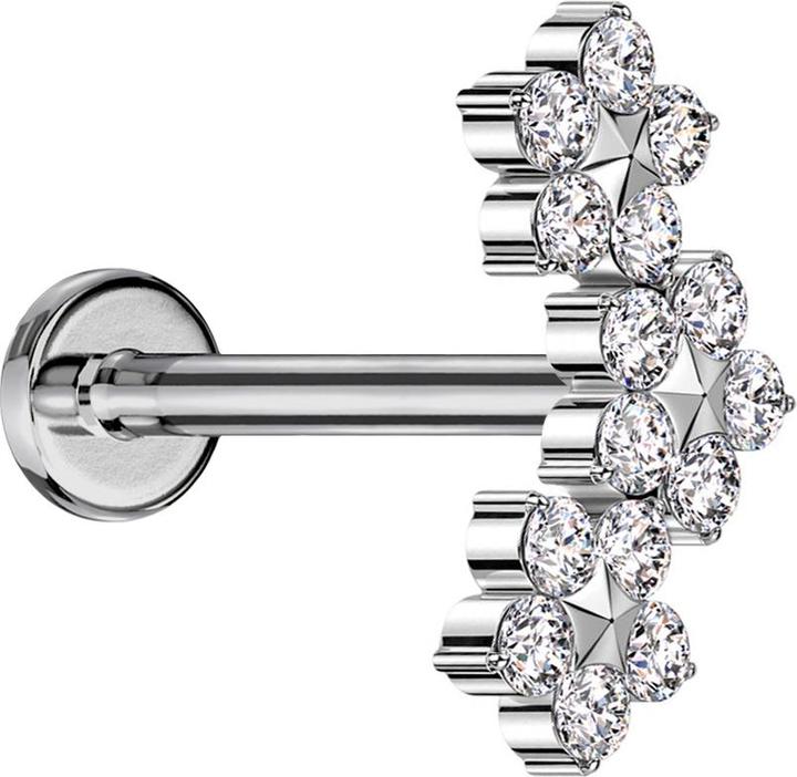 Star Piercing Micro Labret Innengewinde silber drei Blumen mit Stern Kristalle silber (Titan G23, ohne Messing)