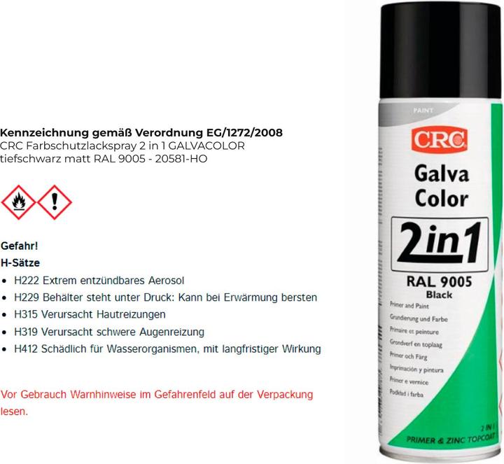 Image du produit CRC Vernis de protection pour peinture GalvaColor 2in1, 9005 noir profond 500 ml (500 ml, Noir profond (RAL 9005))