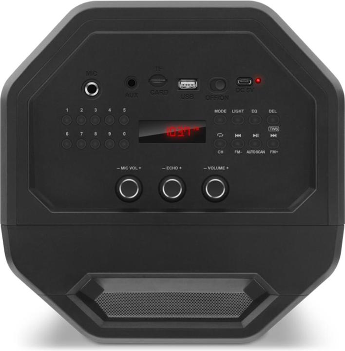 Actual product image Sven Speaker PS-650, juodas, power output 2x25W (RMS), TWS, Bluetooth, FM, USB, Micro SD, LED-displa (10 h, Rechargeable battery operated)
