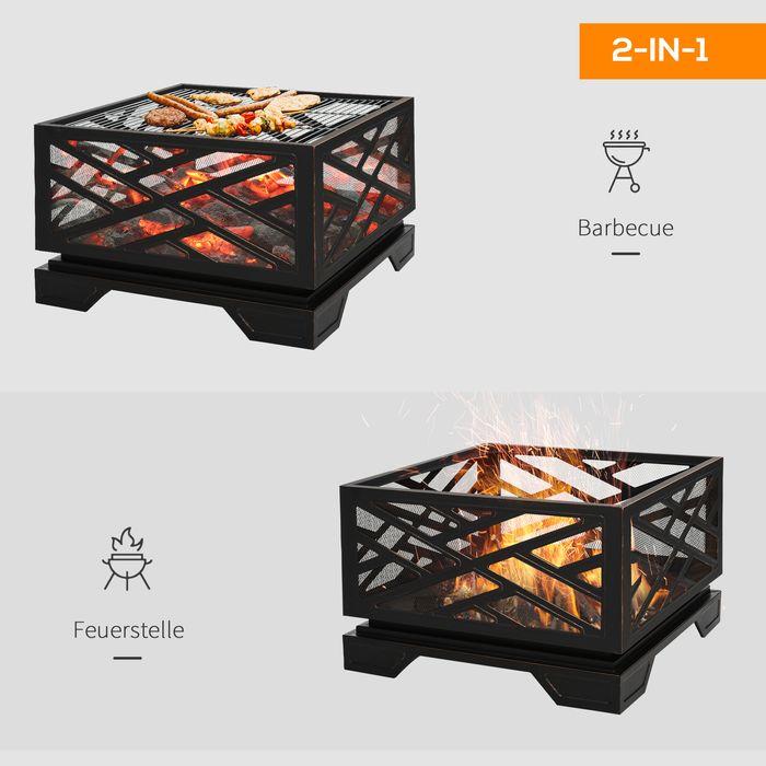 Produktbild Swisshandel24 Feuerschale mit Funkenschutz, Feuerkorb mit Grillrost & Schürhaken, 2-in-1 BBQ Grill, Metall, Schwar (66 cm)