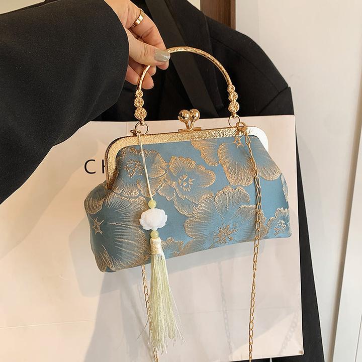 Actual product image Only-Bags.Store Floral pattern evening bag with buckle fastening - fabric shoulder chain purse for special occasions