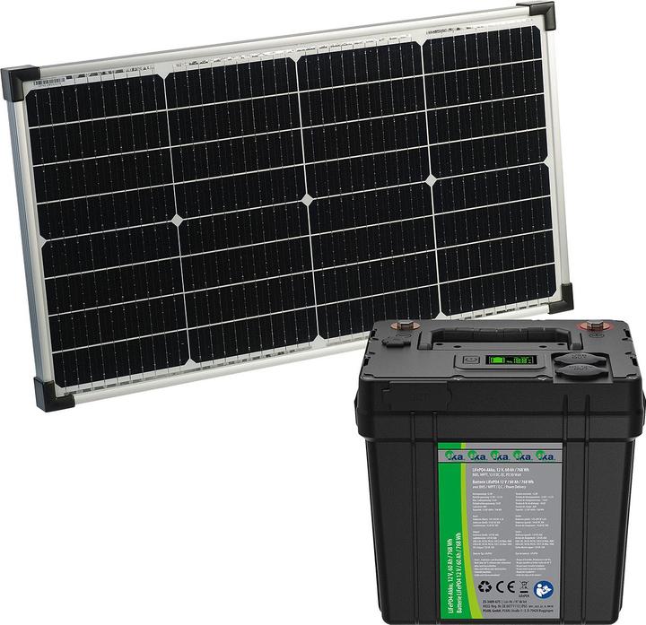 Produktbild TKA LiFePO4-Akku mit 60-Watt-Solarpanel, 12 V, 60 Ah / 768 Wh (60 W, 7.33 kg)