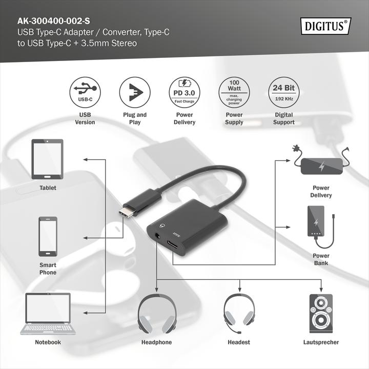 Image du produit Digitus USB Typ C — 3.5mm Klinke| USB Typ C (USB-C, 1 Ports)