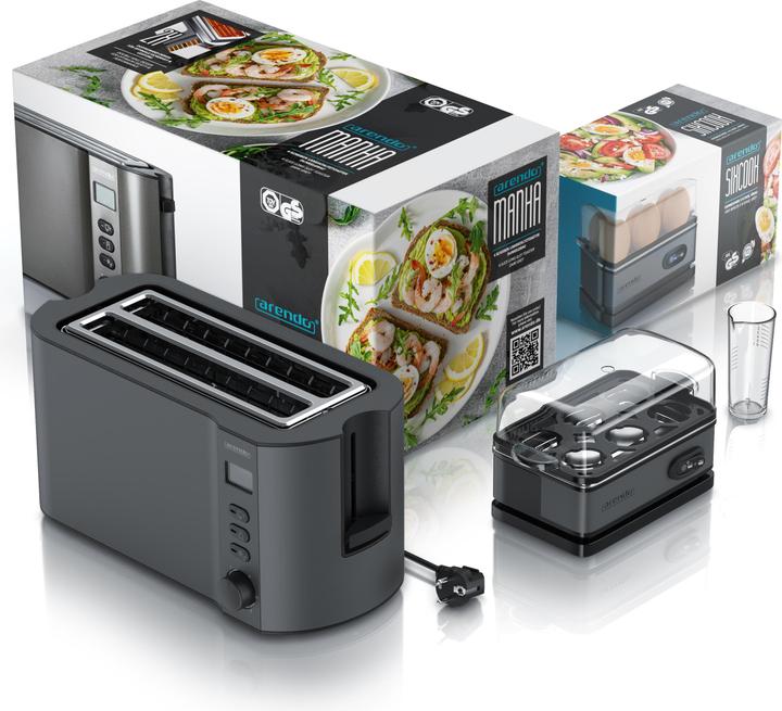 Produktbild Arendo Frühstücks Set, 4 Scheiben Langschlitz Toaster mit Brötchenaufsatz & Eierkocher für 6 Eier, Grau