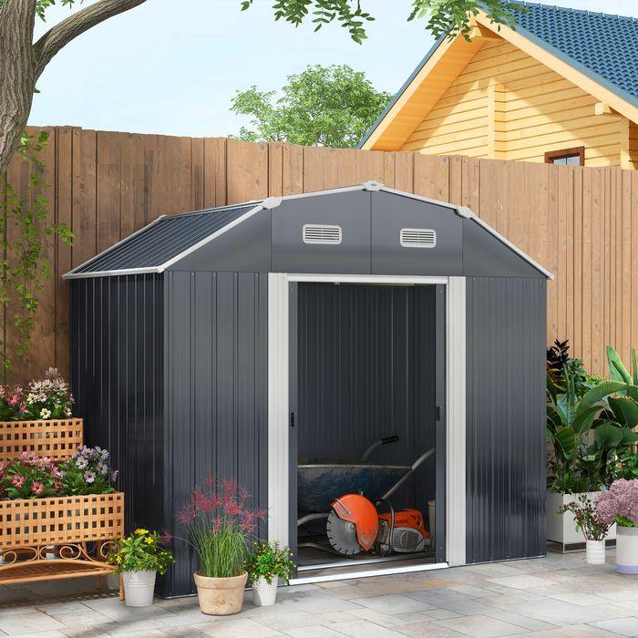 Produktbild Swisshandel24 Gerätehaus Stahl 2,7m² UV-Schutz 2 Schiebetüren Regal Fundament Dunkelgrau 238x132x198,5cm