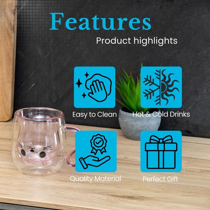 Produktbild Intirilife Doppelwandiges Thermo Glas Set Design Katze (0.20 l, 6 x)