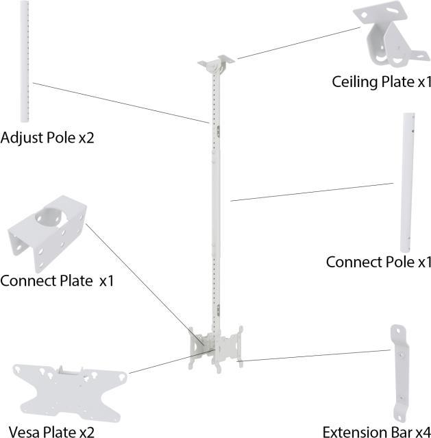 Image du produit Multibrackets Support plafond jusqu'à 2x32", alu, blanc, Back to Back (Plafond, 32", 28 kg)