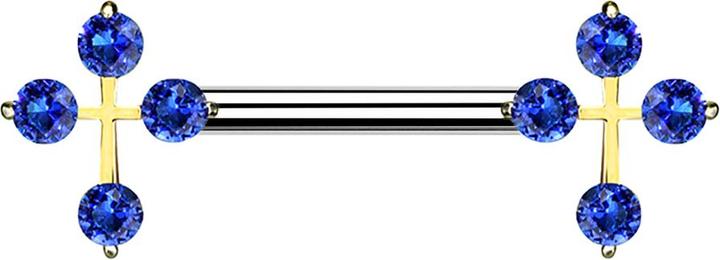 Star Piercing Barbell 14k vergoldet Kreuz mit Kristall blau (Chirurgenstahl 316L, Messing)
