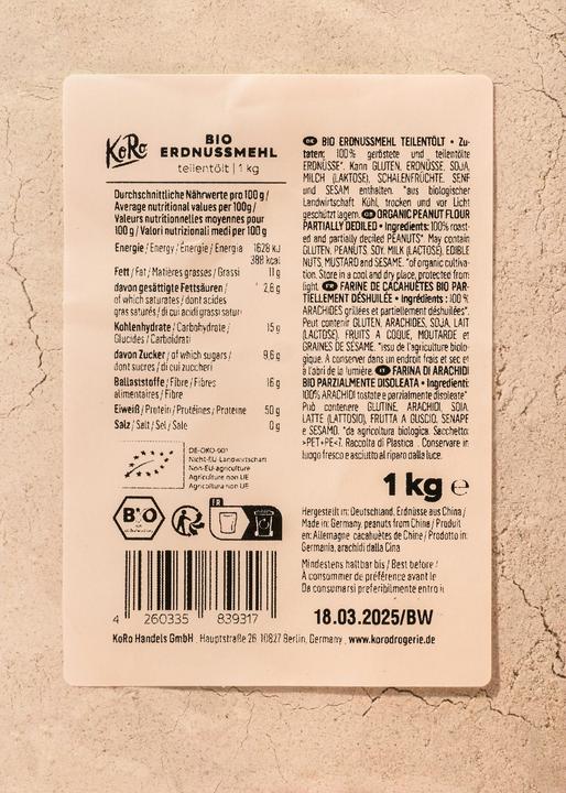 Nährwerte und Zutaten KoRo Bio Erdnussmehl teilentölt (1000 g)