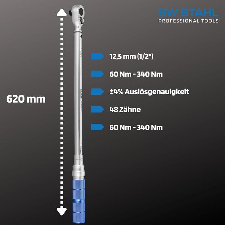 Produktbild SW-Stahl 03821L Drehmomentschlüssel 1/2 60-340 Nm I Umschaltknarre lang I 62 cm lang 48 Zähne I Dreh (1/2", 340 Nm, 60 Nm)