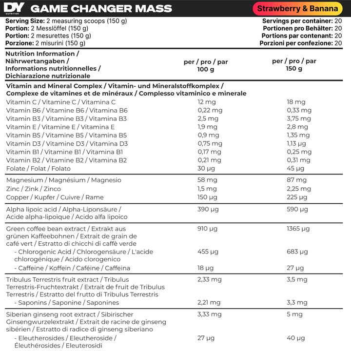 Nährwerte und Zutaten DY Nutrition Game Changer Mass (Erdbeere und Banane, 1 Stk., 3000 g)