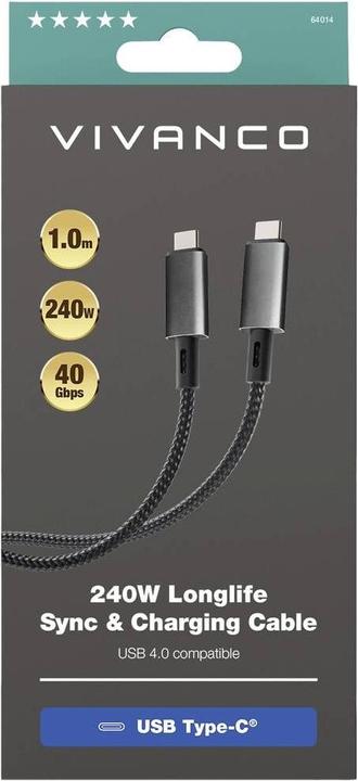 Produktbild Vivanco Longlife USB4.0 C-C Kabel, Metallstecker u. Nylon- geflecht, 5A / 240W, schwarz, 1,0m (1 m, USB 4.0, 240 W)