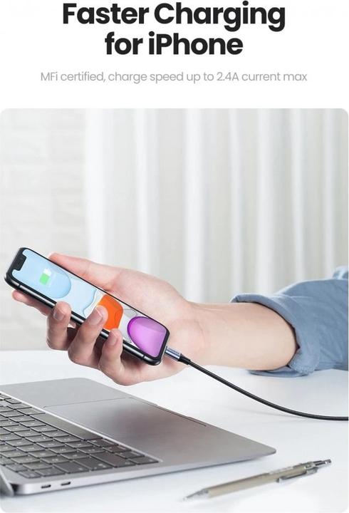 Produktbild Ugreen Lightning USB Nylon Alu MFi (1.50 m, USB 2.0)
