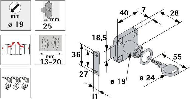 Produktbild Hettich Zylinder-Aufschraubschloss unterschiedlich schlieend Trstrke 13-20 mm Stahl vernickelt