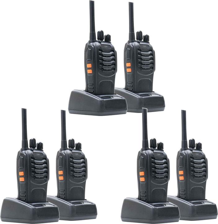 Produktbild PNI Packung mit 6 tragbaren PMR R40 PRO-Radios, Batterien, Ladegeräten und Kopfhörern im Lieferumfan