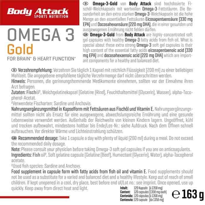 Nährwerte und Zutaten Body Attack Omega 3 Gold (120 Stück, Kapseln, 160 g)