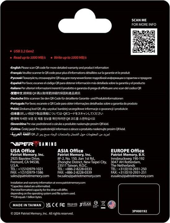 Produktbild Patriot Dysk SSD PVP30 2TB 1000MB/s USB Duo A+C 3.2 Gen2 Alu (2000 GB)