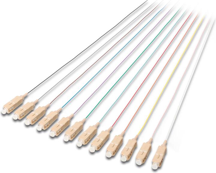Produktbild Digitus SC/UPC 0.9mm 12 color LSZH pigtail Multimode 50/125um Class OM4 2m Steckerfarbe RAL4003 (LSOH, CAT8.2, 2 m)