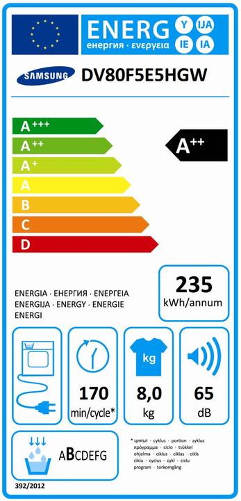 Label énergétique Samsung Dv80f5e5hgw/Ws (8 kg, Droite, Gauche)