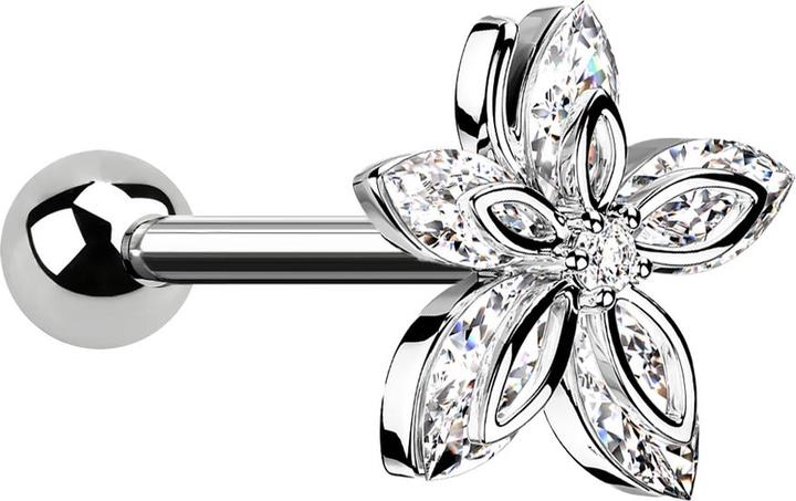 Star Piercing Micro Barbell silber mit Kugel und Blume fünf Kristallblätter (Chirurgenstahl 316L, Messing)
