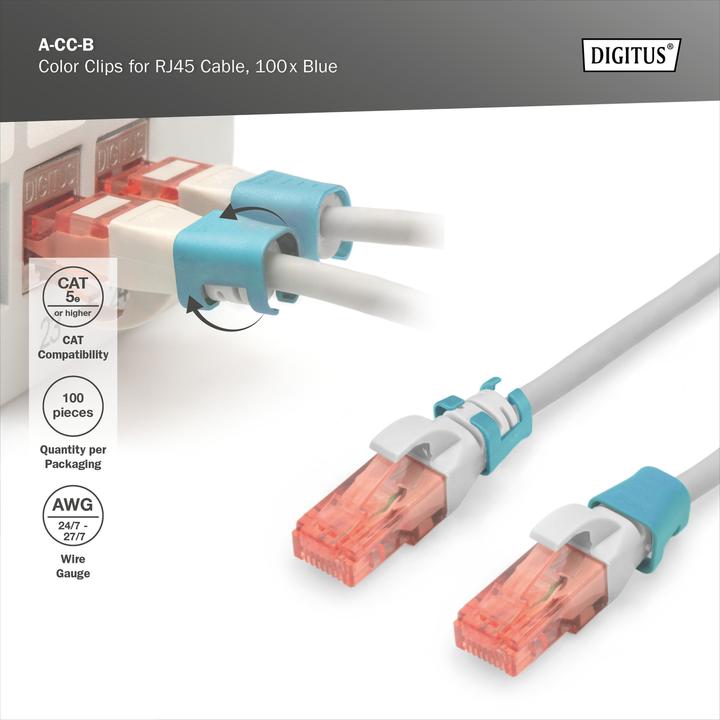 Produktbild Digitus Farbclips für RJ45-Kabel Farbe Blau, 100 Stück Packung