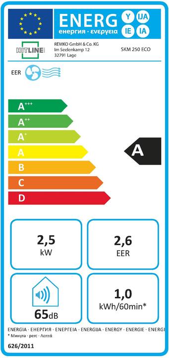 Label énergétique Remko Climatiseur mobile SKM 250 Eco 2,5 kW blanc R 290 EEK:A 160125