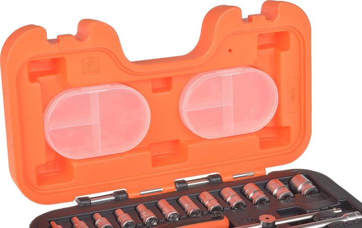 Produktbild Bahco 1/4"-Steckschlüssel-Satz, metrisch, Sechskant, inklusive Umschaltknarre - 16-teilig (6 mm, 12 mm, 10  mm, 7 mm, 11 mm, 5 mm, 8 mm, 9 mm, 13 mm, 4 mm)