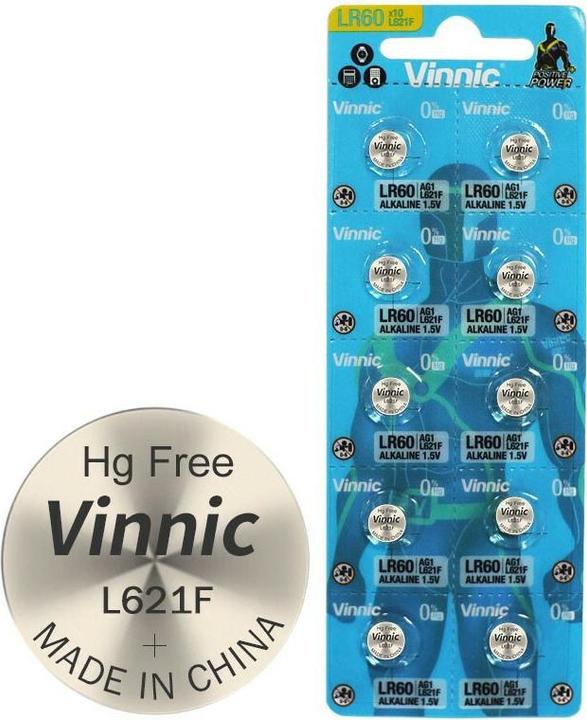 Produktbild Vinnic 10 Stück AG1 Alkaline-Einweg-Batterie Type G1, AG1, L621, LR60 (10 Stk., LR621, 22 mAh)