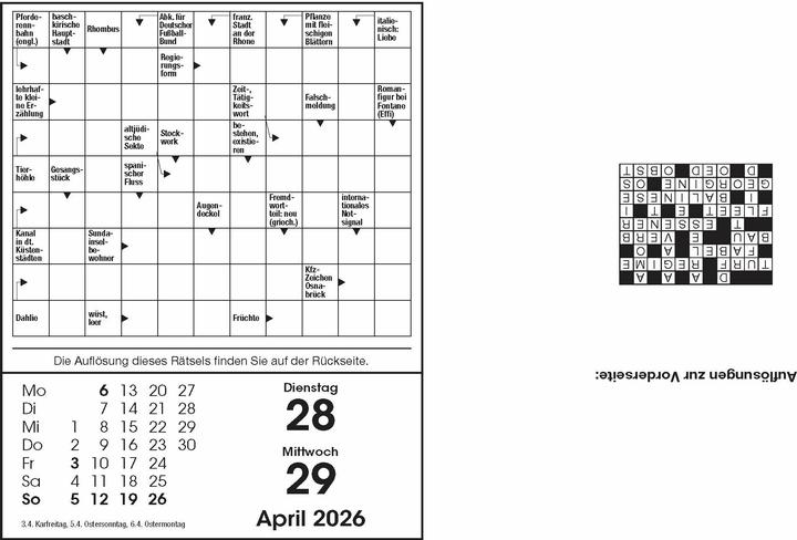 Nährwerte und Zutaten Rätselkalender 2026. Der beliebte Abreisskalender für alle Rätselfreunde (Harter Einband, Deutsch)