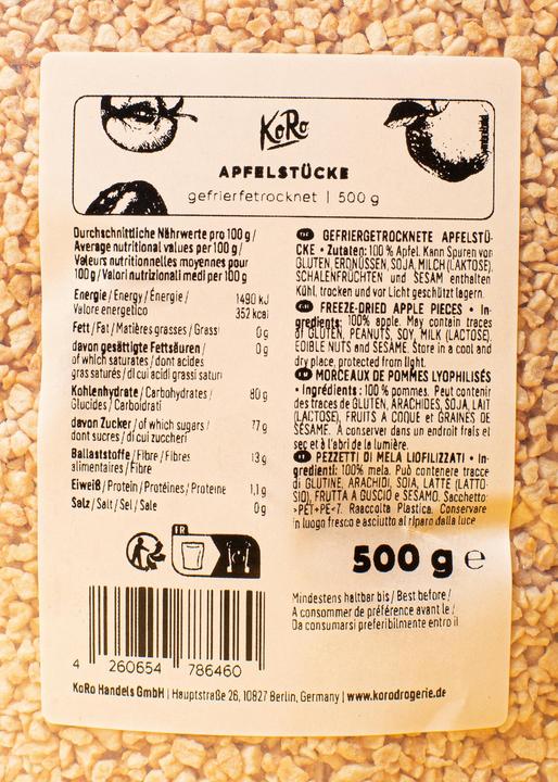 Nutritional values and ingredients KoRo Freeze-dried apple pieces (500 g)