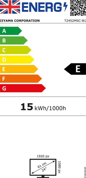 Energy Label iiyama TFT T2452MSC 60.5cm IPS TOUCH 24"/1920x1080/HDMI/DP/2xUSB (1920 x 1080 pixels, 23.80")
