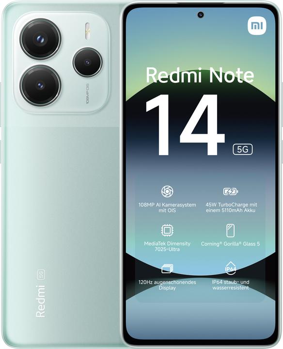 Actual product image Xiaomi Redmi Note 14 5G (256 GB, Coral Green, 6.67", Hybrid Dual SIM, 108 Mpx, 5G)