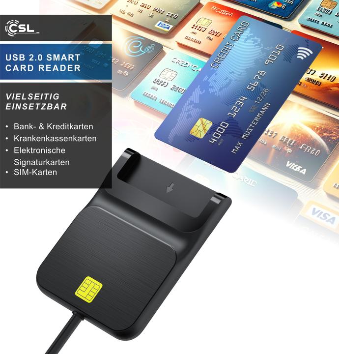Produktbild CSL USB Chipkartenleser, SmartCard/SIM Reader, Plug&Play, kompatibel mit Mac OS X & Windows 7-11 (USB)