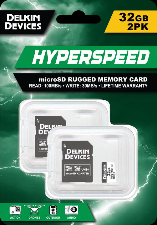 Actual product image Delkin 2x HYPERSPEED UHS-I (V30) microSD 32GB R:100MB/s W:75MB/s (32 GB, microSDHC, U3, UHS-I)