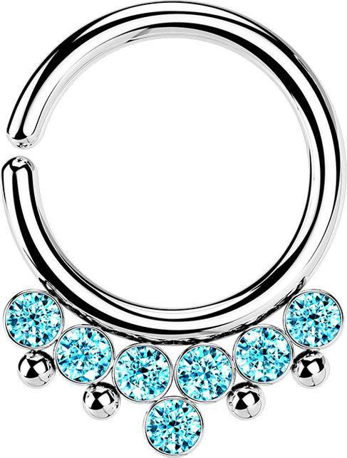 Star Piercing Micro Piercing Ring silber vier Kugeln und sieben Kristalle aqua (Chirurgenstahl 316L, ohne Messing)