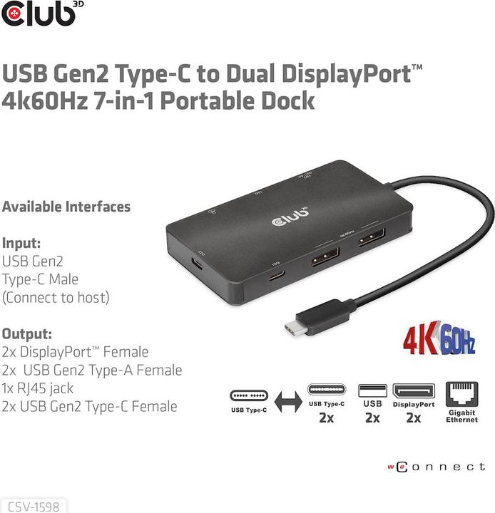 Productafbeelding Club 3D Club3D USB 7-in-1 Hub USB-C > 2xDP/2xUSB/2xUSB-C (USB-C, 7 Havens)