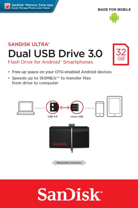 Actual product image SanDisk USB3.0 Ultra Dual 32GB OTG (32 GB, USB-A, Micro USB-A)