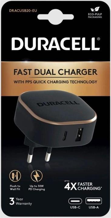 Actual product image Duracell USB + USB-C Wall Charger 30W (Black) (30 W)