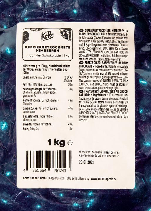 Immagine prodotto KoRo Gefriergetrocknete Himbeeren in dunkler Schokolade (1000 g)