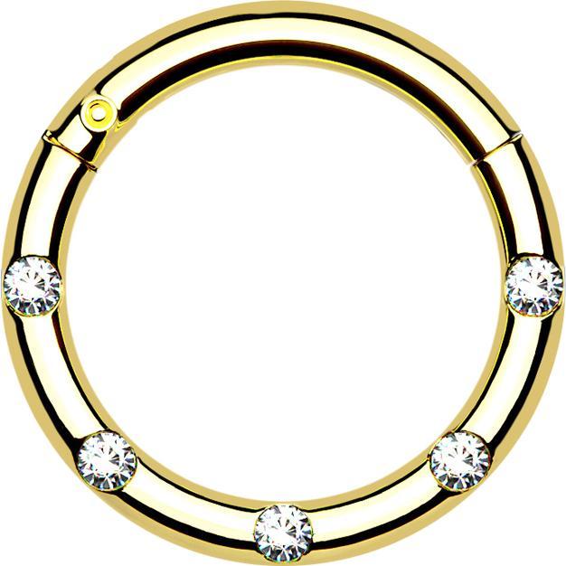 Star Piercing Micro Segmentring klappbar vergoldet front fünf Kristalle silber (Chirurgenstahl 316L)